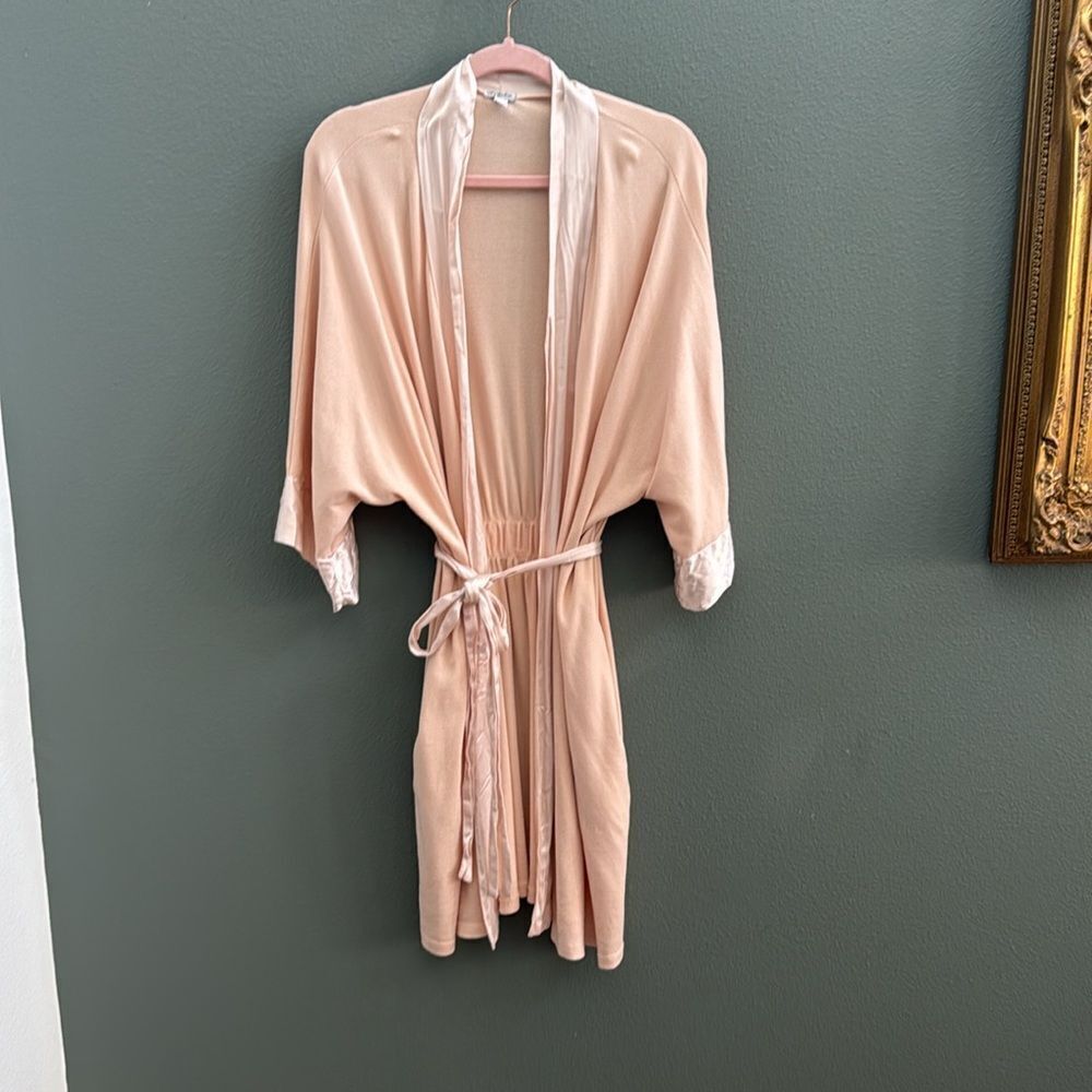 PJ Harlow Shala Knit Blush Supima Cotton Robe with Pockets Satin Trim Sz XS/S